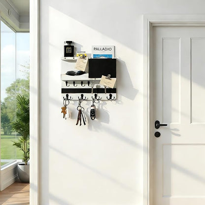 Key Holder for Wall Mount with Shelf and Mail Organizer, Key and Mail Holder with 16 Hooks, Farmhouse Entryway Organizer, Home Decor Rack (Pine Wood, White Washed)