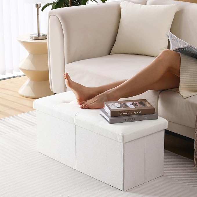 CUYOCA Storage Ottoman Bench Foldable Seat Footrest Shoe Bench End of Bed Storage with Flipping Lid, 75L Storage Space, 30 inches Linen Fabric White, OT026WS