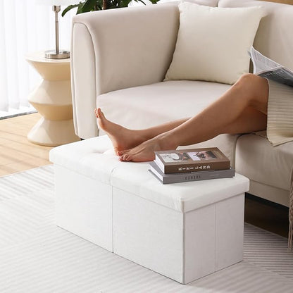 CUYOCA Storage Ottoman Bench Foldable Seat Footrest Shoe Bench End of Bed Storage with Flipping Lid, 75L Storage Space, 30 inches Linen Fabric White, OT026WS