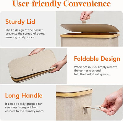 Lifewit 65L Slim Laundry Hamper with Lid, Narrow Laundry Basket with Removable Bag & Bamboo Handles, Fodable Thin Dirty Clothes Hamper for Laundry Collapsible Bin for Bathroom Bedroom Dorm, Beige