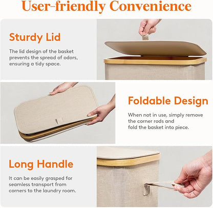 Lifewit 65L Slim Laundry Hamper with Lid, Narrow Laundry Basket with Removable Bag & Bamboo Handles, Fodable Thin Dirty Clothes Hamper for Laundry Collapsible Bin for Bathroom Bedroom Dorm, Beige