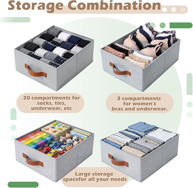 Windyun 4 in 1 Stackable Storage Drawers Closet Organizer with Dividers for Socks Underwear Bras Scarves Ties Large Dresser Organizer Bins Foldable Clothes Storage Boxes, 12 x 15 x 6 Inch(Gray)