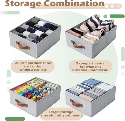 Windyun 4 in 1 Stackable Storage Drawers Closet Organizer with Dividers for Socks Underwear Bras Scarves Ties Large Dresser Organizer Bins Foldable Clothes Storage Boxes, 12 x 15 x 6 Inch(Gray)