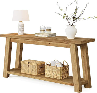 LITTLE TREE 70.9" Solid Wood Console Table for Entryway, 2-Tier Sofa Table Behind Couch, Farmhouse Entryway Table for Living Room, Bedroom, Foyer