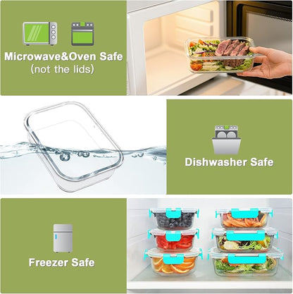 BAYZZ 24 Piece Glass Food Storage Containers with Lids, Airtight Glass Meal Prep Containers for Kitchen, BPA-Free Lunch Box, Microwave and Freezer Safe,Green