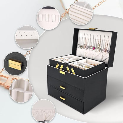 Dajasan Jewelry Boxes for Women Girls, Jewelry Holder Organizer Box, 4 Layers Large Jewelry Storage Organizer for Earring, Ring, Necklace, Bracelets (Black)