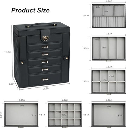 Large Jewelry Box,Jewelry Organizer Box with 5 Drawers,6-Tier Jewelry Holder Organizers Jewelry Storage Case with Mirror,Jewelry Boxes for Women (Black)