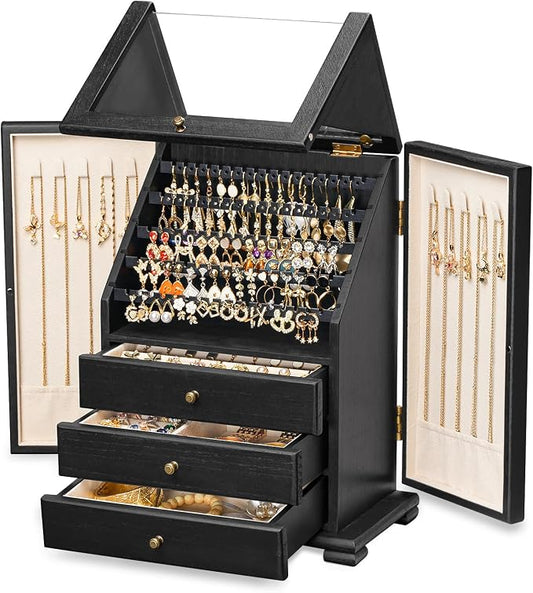 Jewelry Box Organizer, Rustic Wooden Jewelry Boxes for Women Girls, Large Storage Earring Holder Organizer Display for Earrings Necklaces Rings Bracelets (Black)