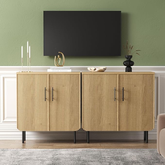Sideboard Buffet Set of 2, Storage Cabinet with 2 Doors, Adjustable Shelf, Fluted Accent Cabinet for Living Room, Modern,Natural