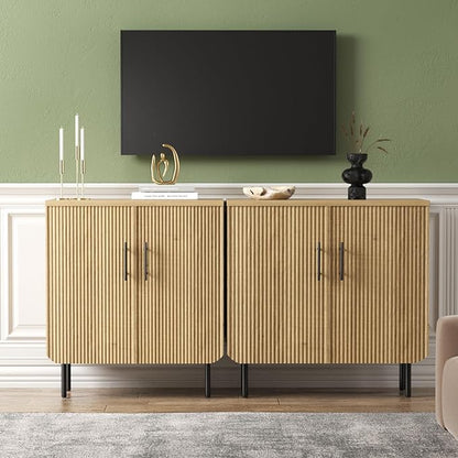 Sideboard Buffet Set of 2, Storage Cabinet with 2 Doors, Adjustable Shelf, Fluted Accent Cabinet for Living Room, Modern,Natural