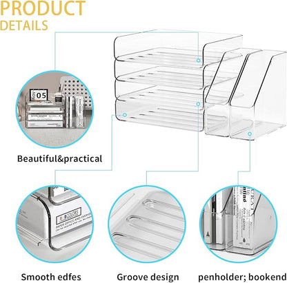 4-Tier Clear Acrylic Paper Tray Organizer for Desk with 2 Matching Bookends – Stackable Letter Tray Set, Stackable Paper Trays, Acrylic Desk Accessories/File Organizer, Office Organizer