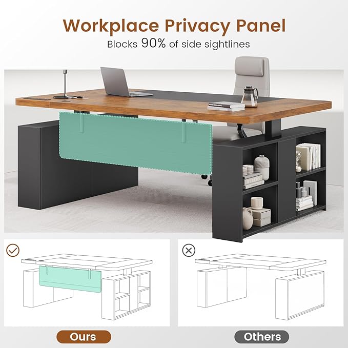SEDETA 63" Executive Standing Desk with Storage, Executive Height Adjustable Desk with Power Outlets, Large Computer Office Desk with Privacy Panel for Home Office, Rustic Brown