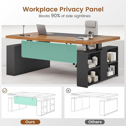 SEDETA 63" Executive Standing Desk with Storage, Executive Height Adjustable Desk with Power Outlets, Large Computer Office Desk with Privacy Panel for Home Office, Rustic Brown