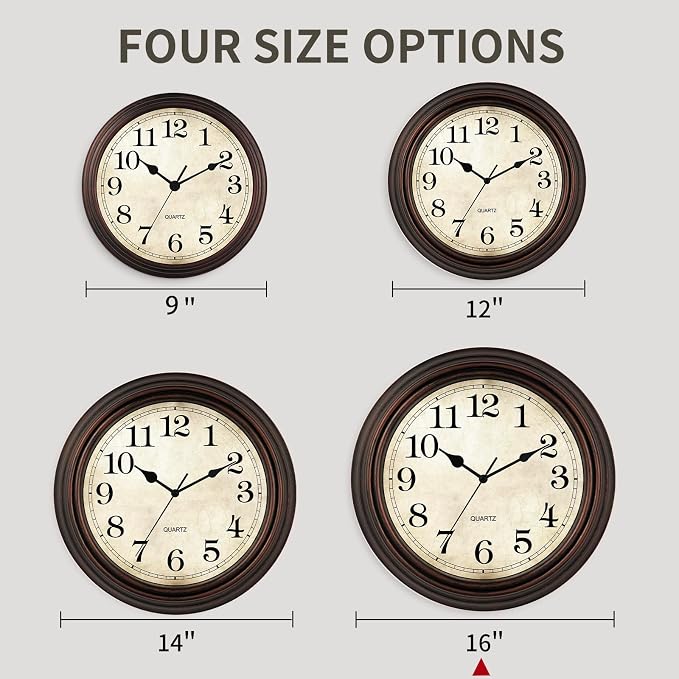 Wall Clock, Bronze Silent Non Ticking Classic Battery Operated Clocks, Decorative for Living Room, Bedrooms, Kitchen, Office (16 inch)