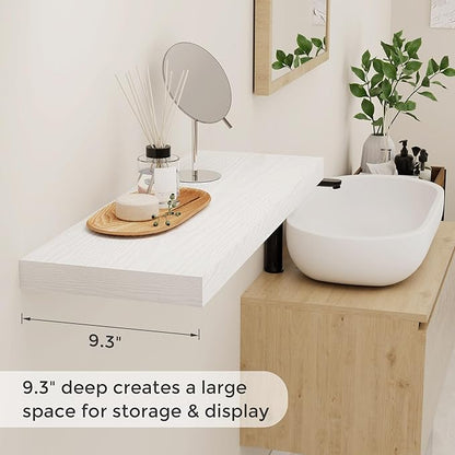 Fun Memories 32" W x 9.3" D Floating Shelves in White, Rustic Wood Deep Shelves for Bedroom, Kitchen, Living Room, Long Floating Shelf for Wall, Storage Display Wall Shelf for Books Decor