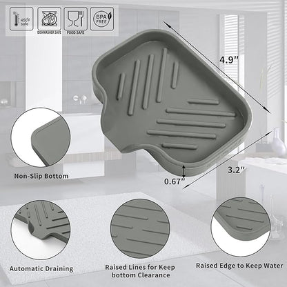 MicoYang Silicone Soap Dish with Drain Spout, Self-Draining Sink Organizer Tray for Bathroom and Kitchen, Sponges, Dispensers and Soap Holder, Non-Slip and Dishwasher Safe, Grey (Compact, 4.9"×3.2")