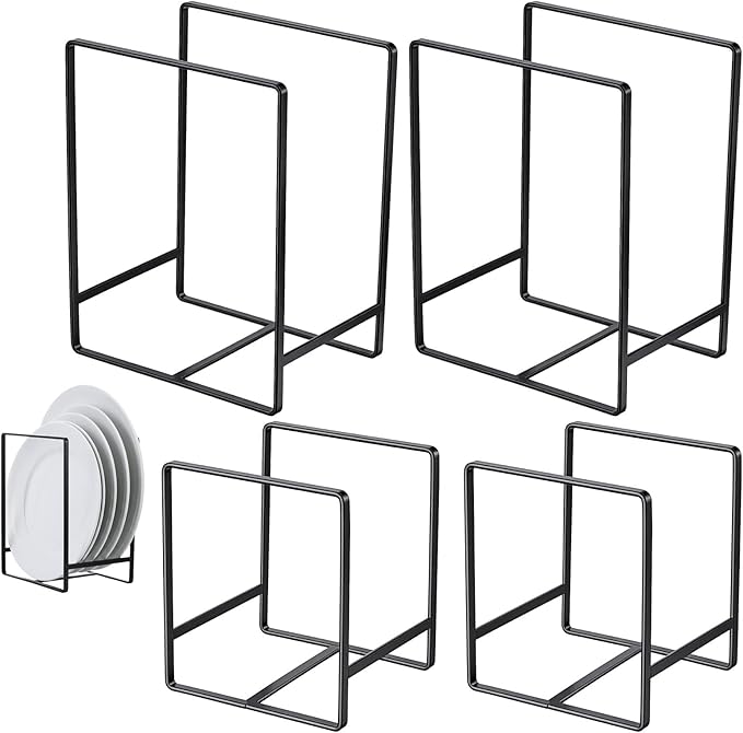 4 Pieces Plate Organizer for Kitchen Cabinet, Metal Dish Organizers Upright Dish Racks Plate and Bowl Storage Organizer for Pots Pans Cutting Boards (Black, 2 Sizes)