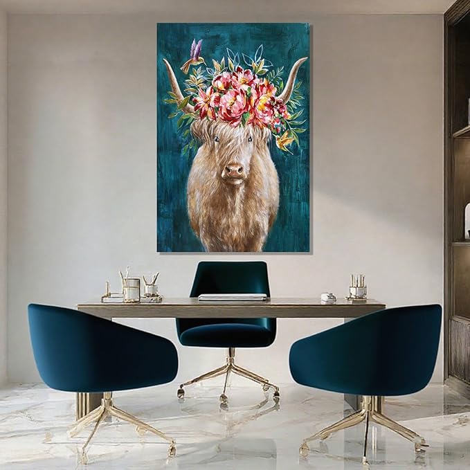 ZENPEE Highland Cow Canvas Wall Art with Pink and Blue Background, Farmhouse Wall Decor for Bedroom, Living Room, Office, Hallway, 24" x 36"