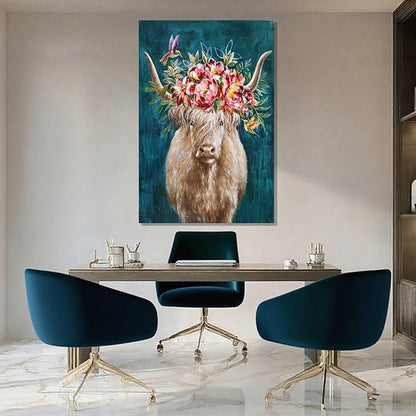 ZENPEE Highland Cow Canvas Wall Art with Pink and Blue Background, Farmhouse Wall Decor for Bedroom, Living Room, Office, Hallway, 24" x 36"
