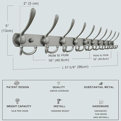 Dseap Coat Rack Wall Mount - 38” Long 10-Tri-Hooks Heavy Duty Coat Hanger Rail Wall Hooks for Hanging Coats Hats Clothing Clothes Purse Mudroom Entryway, Gray