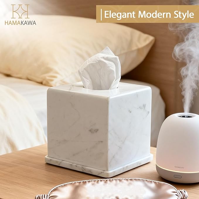 HAMAKAWA Natural Marble Tissue Box Cover, Volakas White Tissue Organizer 6 x 6 x 5.7 inch, Heavy Stone Decorative Box, Square Tissue Box Holder for Home Decor, Kitchen, Bathroom, Bedroom