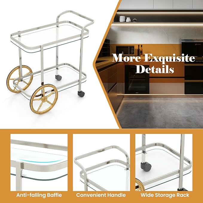 Giantex 2-Tier Bar Cart, Stylish Rolling Serving Cart w/Tempered Glass Shelves, 2 Large Aluminum Front Wheels, Stainless Steel Frame, Mobile Storage Shelf, Home Trolley Cart for Kitchen, Dining Room