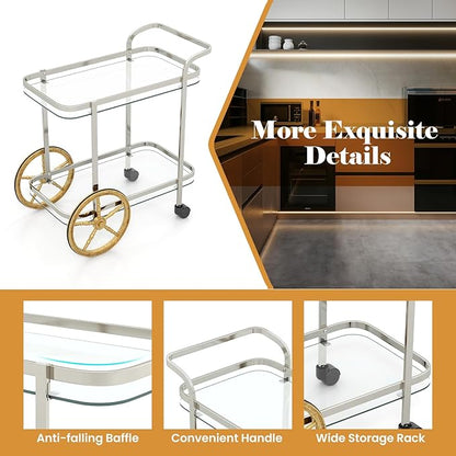 Giantex 2-Tier Bar Cart, Stylish Rolling Serving Cart w/Tempered Glass Shelves, 2 Large Aluminum Front Wheels, Stainless Steel Frame, Mobile Storage Shelf, Home Trolley Cart for Kitchen, Dining Room