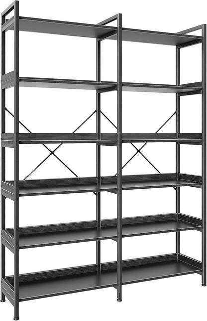 Huuger 6 Tier Bookshelf, Display Bookshelf with 12 Open Shelves and Raised Baffle, 47.2 Inch Straight Wide Bookcase with Metal Frame and Wooden Board, Adjustable Feet, Black, 1BC010B