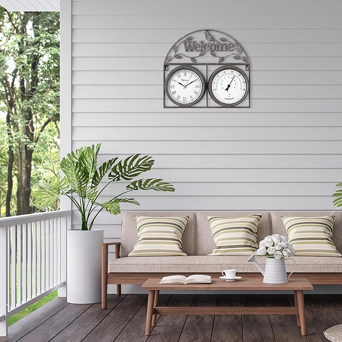 17Inch Large Outdoor Clock,Waterproof Wall Clock with Thermometer,Weatherproof Non-Ticking Quartz Battery Operated Decor Clock for Patio,Garden,Pool,Porch,House Warming Gifts