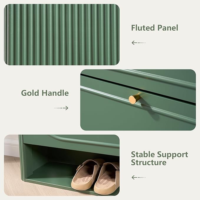 ORRD Shoe Storage Cabinet with 2 Flip Drawers, Wood Narrow Shoe Cabinet for Entryway, Fluted Hidden Shoe Organizer, Freestanding Slim Shoes Cabinets for Foyer, Hallway-Green
