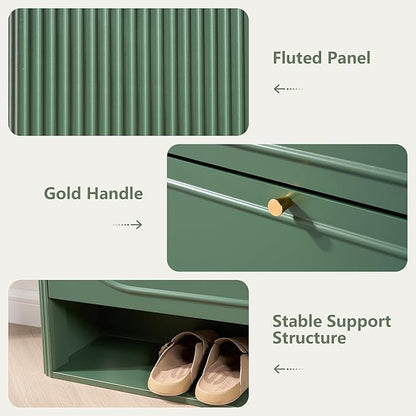 ORRD Shoe Storage Cabinet with 2 Flip Drawers Set of 2, Wood Narrow Shoe Cabinet for Entryway, Fluted Hidden Shoe Organizer, Freestanding Slim Shoes Cabinets for Foyer, Hallway-Green