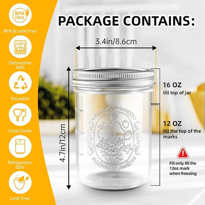 Miuyhji Mason Jars 16 oz with Lids, 9 Pcs Wide Mouth Glass Canning Jars with Airtight Lids and Bands, Overnight Oats Containers for Pickling, Freezing, Preserving, Meal Prep, Jar Décor