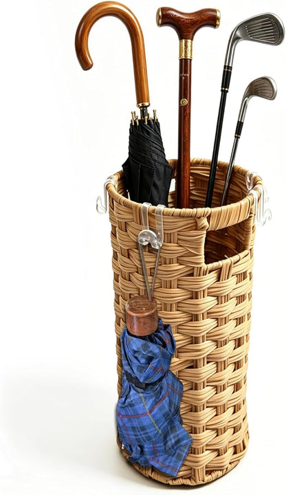 Rattan Umbrella Stand with Drip Tray - Hand Woven Freestanding Entryway Umbrella Holder, Small Rattan Rack Organizer with 4 Hooks for Folding Umbrellas & Canes, 7.5" L x 7.5" W x 16.5" H