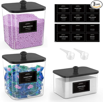 2+1 Pack Clear Laundry Pods Container & Dryer Sheet Holder, Plastic Square Laundry Room Organization and Storage Jars with Black Lids, Scoops & Labels for Detergent, Powder, Dryer Balls
