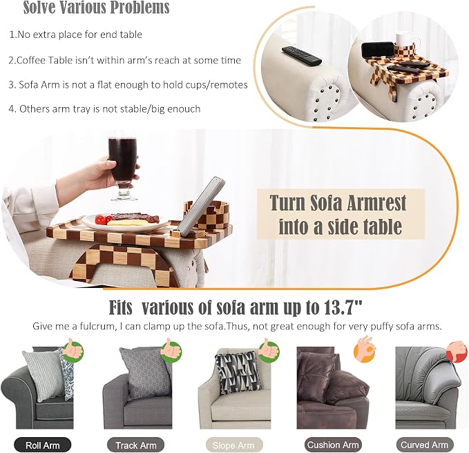 Nnewvante Couch Armrest Tray,3 in 1 Large 15.36"x9.85" Rubberwood Sofa Arm Cup Holder Clip on Side Table with 360°Rotated Phone/Drink Holder