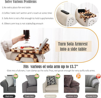 Nnewvante Couch Armrest Tray,3 in 1 Large 15.36"x9.85" Rubberwood Sofa Arm Cup Holder Clip on Side Table with 360°Rotated Phone/Drink Holder