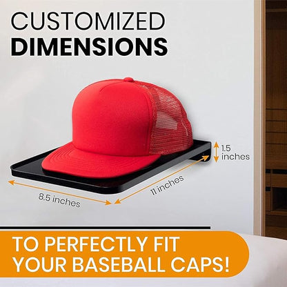 Boxy Concepts Hat Rack for Wall - Pack of 4, Black - Quick 3M Tape & Nail Mount - Showcase Collection, Baseball Cap Display Shelves - Flexible Layout Options, Racks For Caps