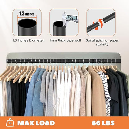 Long Closet Rod 17-87 Inches, Adjustable Heavy Duty Black Metal Closet Rods for Hanging Clothes, 1.3 Inch Diameter with Wall Brackets for Wardrobes, Laundry Room