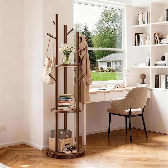 Solid Wood Rotary Coat Rack, Coat Rack Freestanding with 3 Storage Shelves & 9 hooks, Coat Tree for Entryway, Livingroom, Bedroom, Coat Hanger Stand for Coats, Scarves, Handbags, Hat (Walnut)