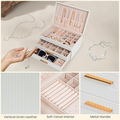 Dajasan Jewelry Boxes for Women, Jewelry Box Organizer with 2 Drawers, 3-Tier Large Jewelry Holder Organizer Box for Necklace Ring Earring Bracelet, Gift Idea, Modern Style (White)