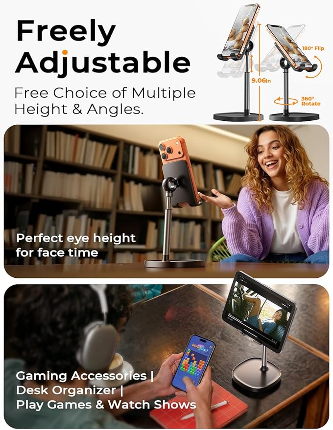 LISEN Cell Phone Stand Phone Holder for Desk Office Decor, Office Desk Accessories Women PC Gaming Essentials iPhone Stand Gadgets Men Gift for Father Fit OtterBox Case Switch iPad Air Tablet 4-10 in