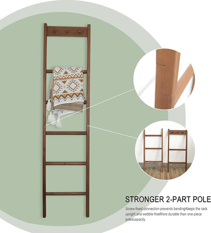 Wooden Blanket Ladder - Natural & Motley Wood - Leaning Wall Decor for Bedroom, Bathroom, Living Room - Rustic Quilt Holder & Towel Rack (Walnut Color + Hook, 76in（5-Tier）)