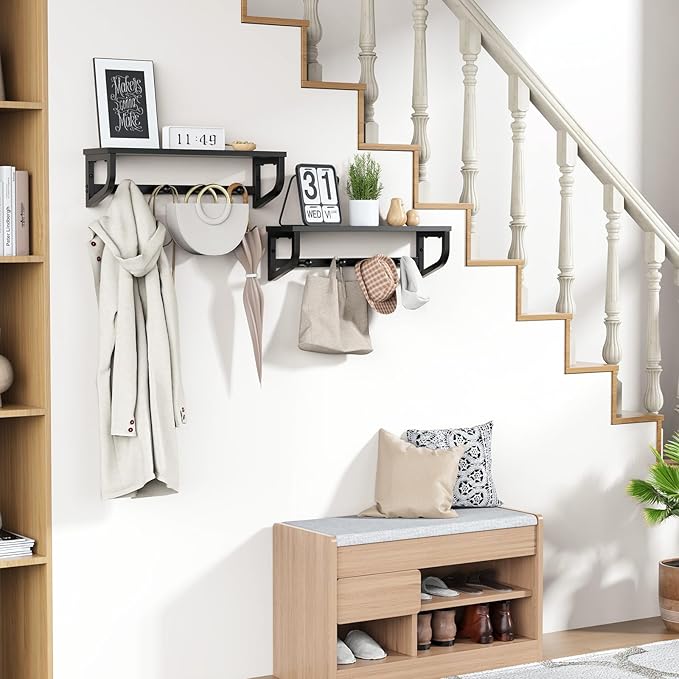 Coat Rack Wall Mount, Wood Wall Shelf with Hooks, Coat Hanger Wall Mount with 4 Metal Hooks, Wall Mounted Coat Rack Organizer for Entryway, Bedroom, Living Room, Room Decor, Black 2 Pack