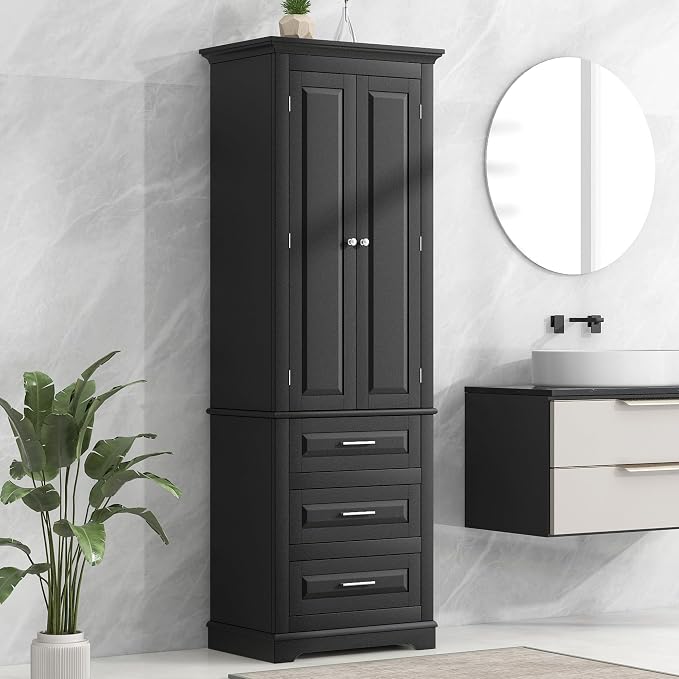 Polibi Tall Storage Cabinet with 3 Drawers, 3-Tier Adjustable Shelves & 2 Doors, Floor Freestanding Linen Cabinet for Bathroom, Living Room (Black)