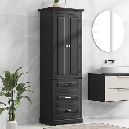 Polibi Tall Storage Cabinet with 3 Drawers, 3-Tier Adjustable Shelves & 2 Doors, Floor Freestanding Linen Cabinet for Bathroom, Living Room (Black)