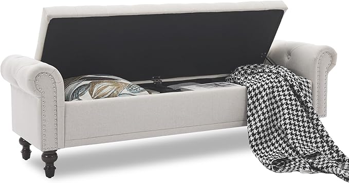 Storage Bench for Bedroom, 67" End of Bed Storage Bench King Size, Upholstered Linen Storage Ottoman with Tufted Cushioned Rolled Arm Large Storage Space for Living Room Entryway, Beige