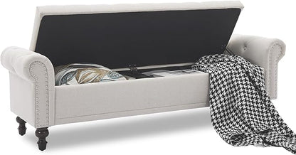Storage Bench for Bedroom, 67" End of Bed Storage Bench King Size, Upholstered Linen Storage Ottoman with Tufted Cushioned Rolled Arm Large Storage Space for Living Room Entryway, Beige