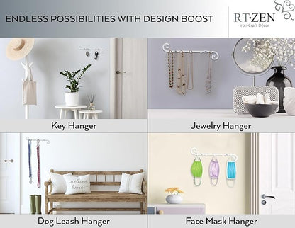 RTZEN Farmhouse Small Key Holder for Wall - Handcrafted Swirl Decorative 5 Key Hooks for Home Entryway - Wrought Iron Wall Mount Rack Purse Coat and Leash Holder or Organizer (Classic White)