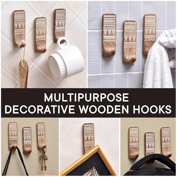 Indian Shelf Boho Decorative Wood Adhesive Wall Hooks for Hanging Coats, Keys, Leash, Hat, Towel Holder, Cute Sticky Key Holder, White Brown Western Wall Décor (12 Hooks 24 Strips)