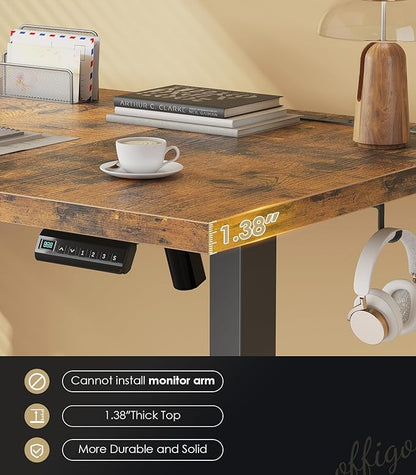 OffiGo 71 Inch Executive Electric Standing Desk, Height Adjustable Desk with Power Outlet & 1.38" Thick 3-Piece Desktop, Sit Stand Computer Desk for Home, Office, Conference Room, Rustic Brown